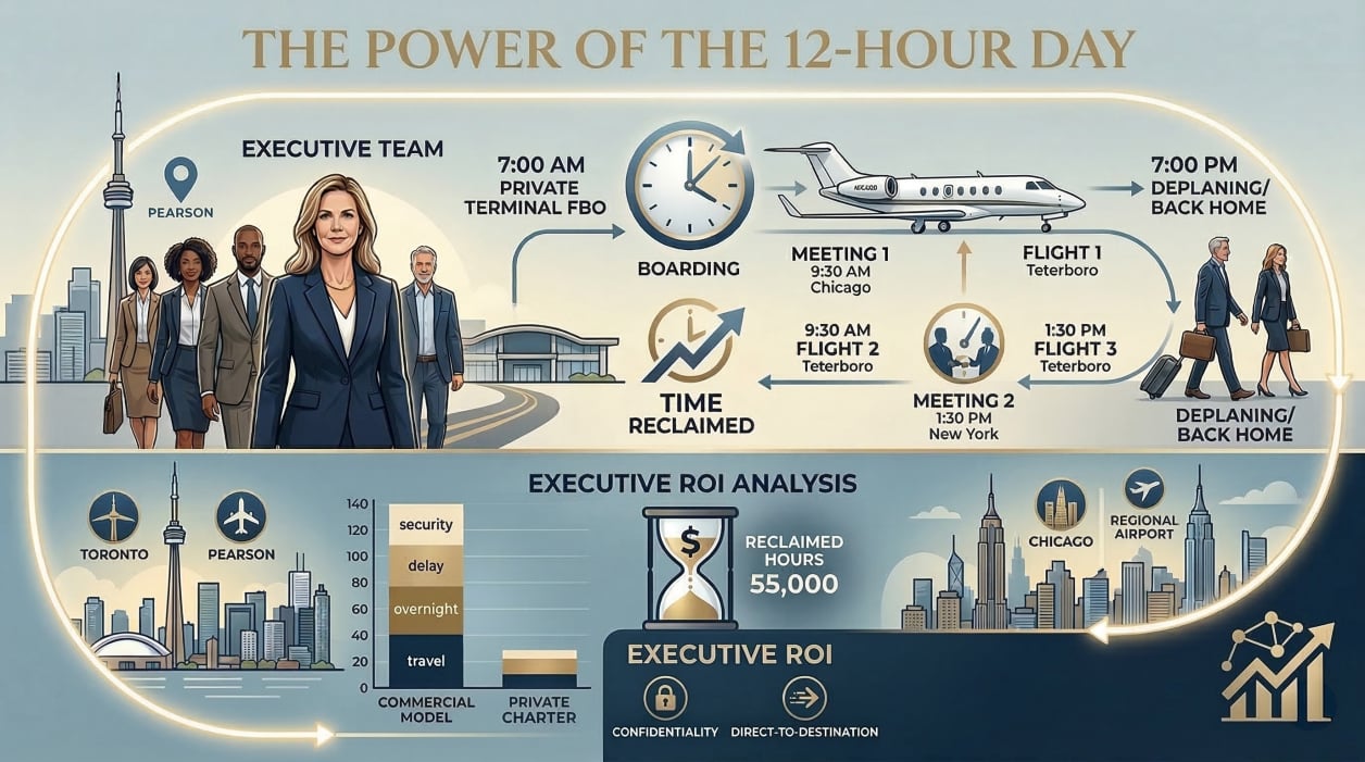 Executive ROI analysis infographic showing how corporate private jet charters eliminate commercial delays and overnight stays for business travel.