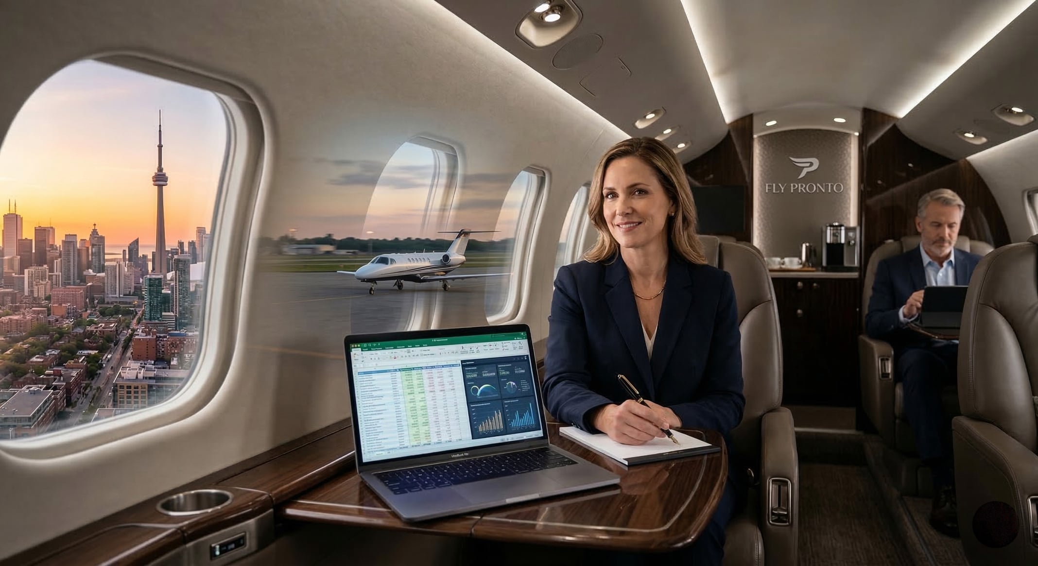 Business executive reviewing financial data on a laptop inside a Fly Pronto private jet cabin flying over Toronto.